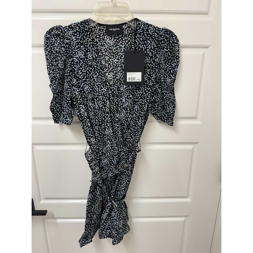THE KOOPLES Faux Wrap Dress Mini Blue Belted Summer Dot EU 2 USA Medium NWT $315